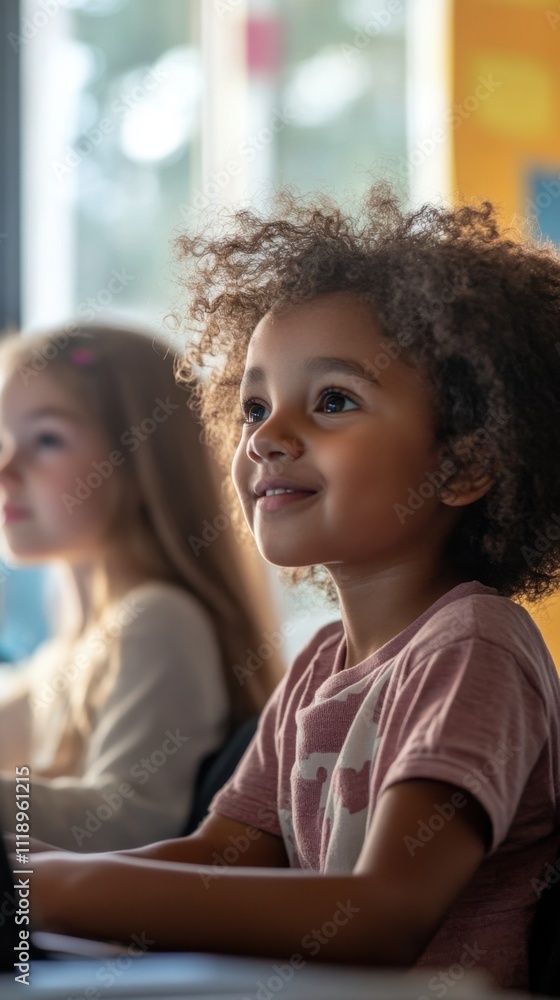 Two children engaged in learning, focused and smiling in a classroom. Two children engaged in learning, focused and smiling in a classroom.
