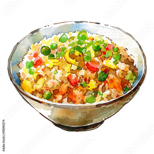 A watercolor painting of fried rice, served in a bowl, isolated on a white background. Fried rice vector.