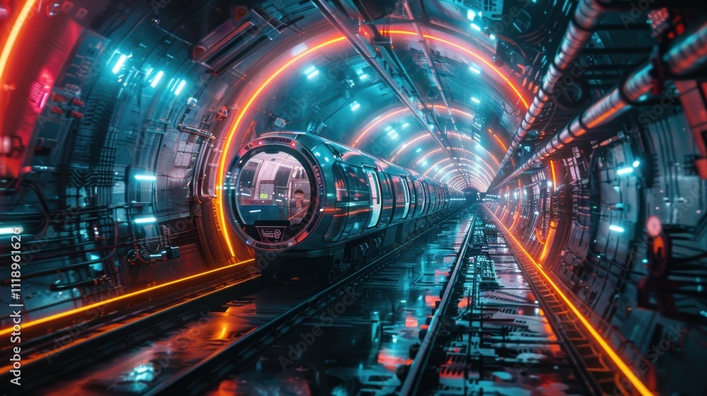 A futuristic subway train in a neon-lit tunnel, showcasing advanced transport technology. A futuristic subway train in a neon-lit tunnel, showcasing advanced transport technology.