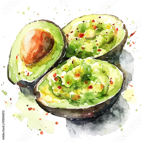 A watercolor vector of guacamole in a bowl, garnished with lime and cilantro, isolated on a white background. Guacamole vector.