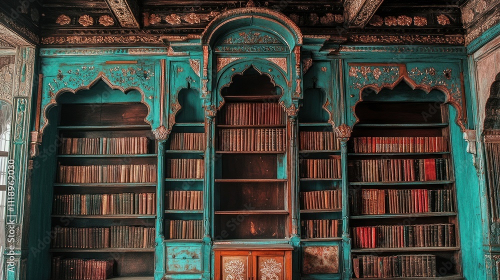Antique turquoise bookcase filled with old books in a historical building. Antique turquoise bookcase filled with old books in a historical building.