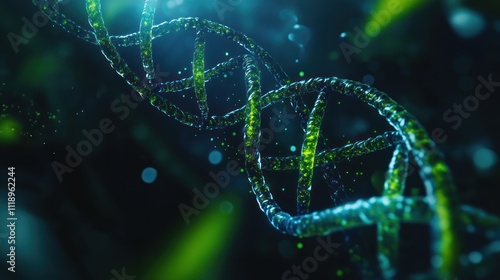 Blue and green double helix DNA model on a dark background