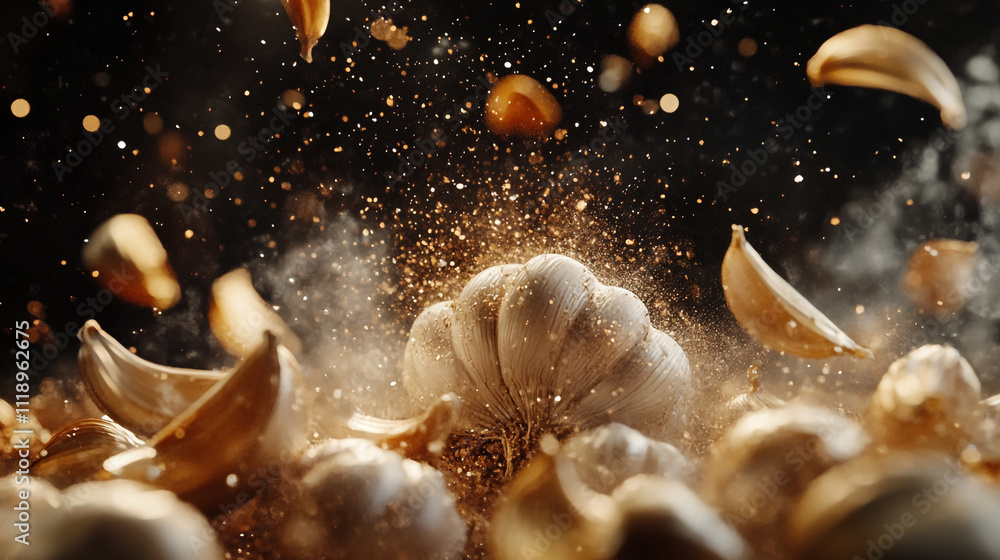 Garlic cloves explode with golden dust creating a stunning culinary display Garlic cloves explode with golden dust creating a stunning culinary display