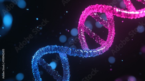 Blue and pink double helix DNA against a dark background