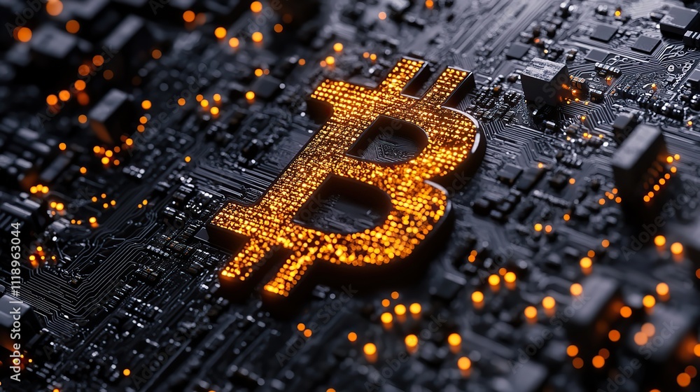 Bitcoin symbol overlaid on a black network circuit board, creating a modern digital-themed background Bitcoin symbol overlaid on a black network circuit board, creating a modern digital-themed background