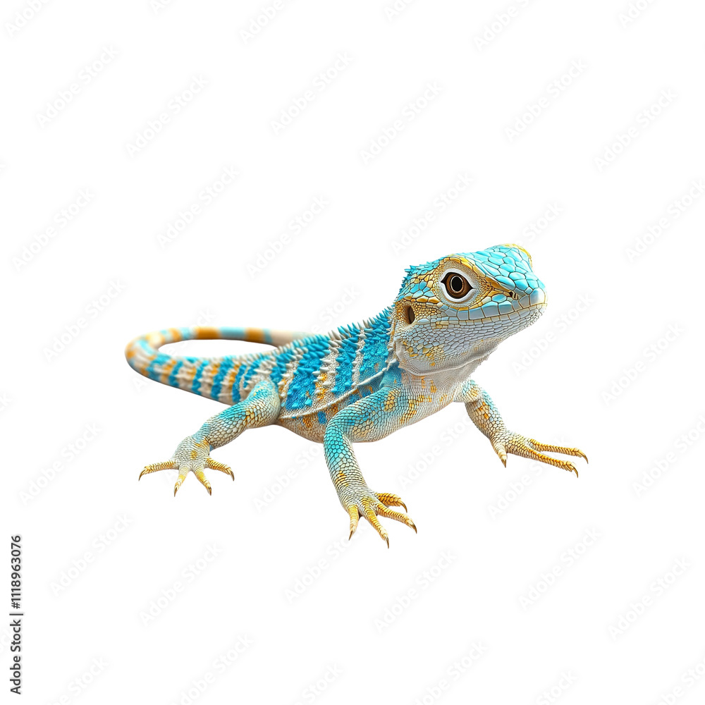 Fototapeta premium Vibrant Blue and Gold Collared Lizard on White Background