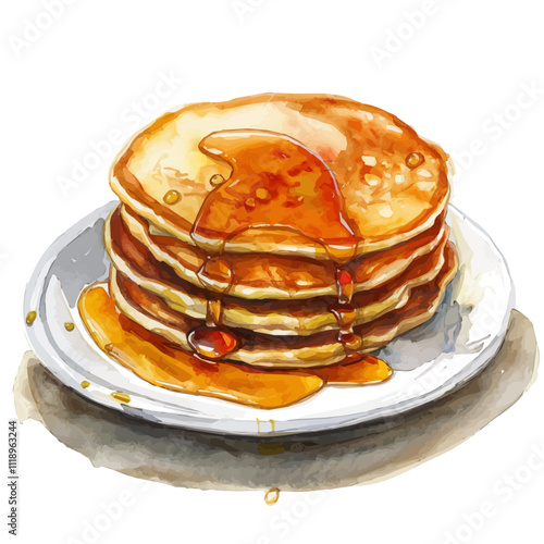 A watercolor painting of pancakes with syrup, isolated on a white background. Pancakes vector.