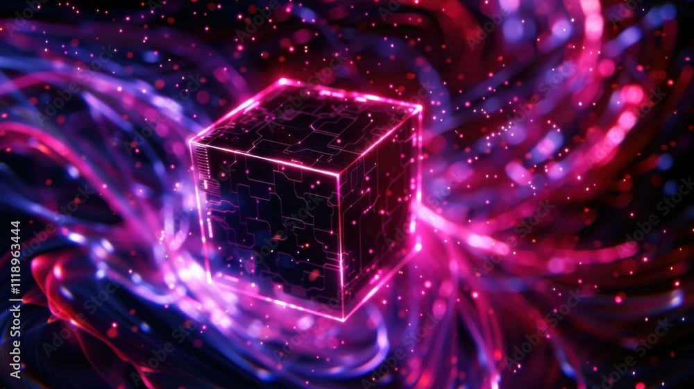 A vibrant, glowing cube set against a swirling backdrop of colorful light particles. Ideal for digital art, technology, or futuristic themes. A vibrant, glowing cube set against a swirling backdrop of colorful light particles. Ideal for digital art, technology, or futuristic themes.