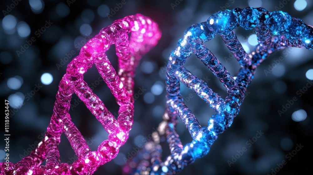 Blue and pink double helix DNA against a dark background Blue and pink double helix DNA against a dark background