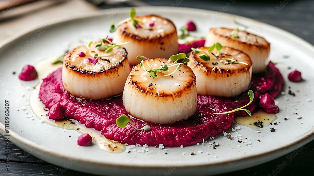 Gourmet Seared Scallops with Beetroot Puree Gourmet Seared Scallops with Beetroot Puree