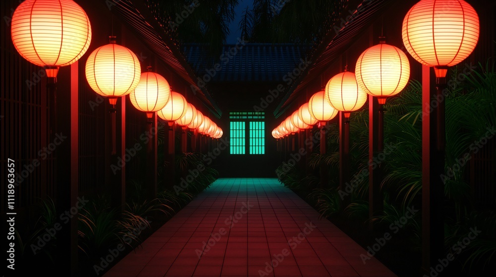 Illuminated Pathway Asian Lanterns Night Scene Red Lights Tropical Plants Pathway Architecture Illuminated Pathway Asian Lanterns Night Scene Red Lights Tropical Plants Pathway Architecture