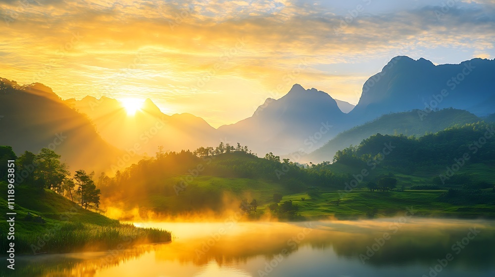 Golden Sunrise over Misty Mountain Lake