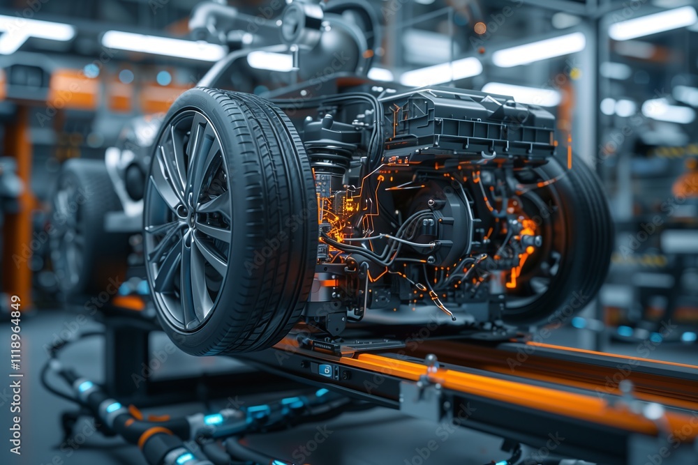 Fototapeta premium Close-up of a vehicle engine showcasing intricate mechanical details and technology.