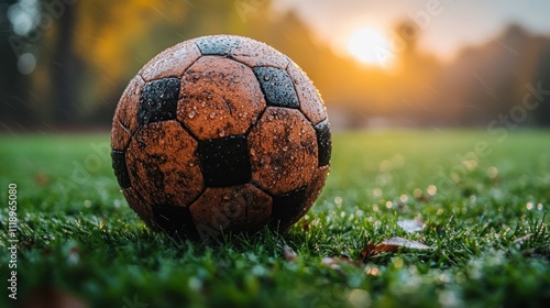 close up of a weathered soccer ball on vibrant green grass natural sunset lighting texture details photo