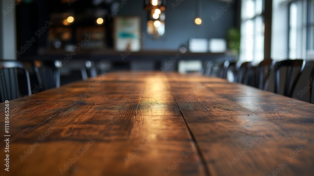 Wooden table in a co working space, the table is in the front. Sunlight and shadows in the background, plants in the office Wooden table in a co working space, the table is in the front. Sunlight and shadows in the background, plants in the office