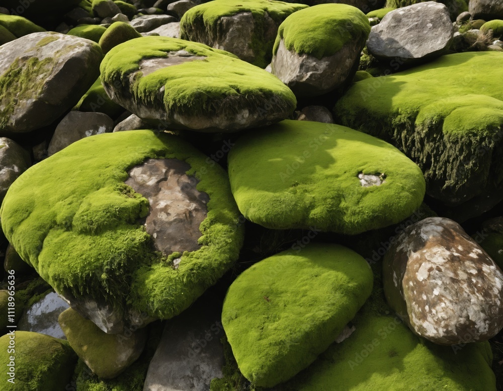Close-Up of Moss-Covered Rocks with Rich Green Textures Close-Up of Moss-Covered Rocks with Rich Green Textures