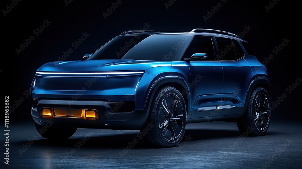 Obraz premium Blue SUV on a black background, viewed from a dynamic angle, highlighting the vehicle's front design and headlights