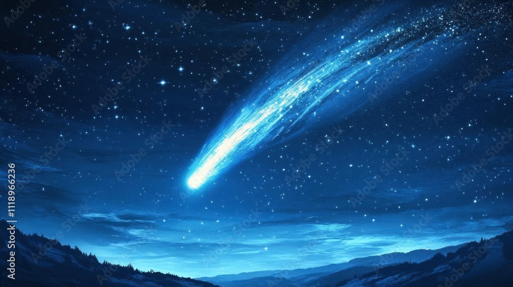 A comet streaks through a starry night sky over a serene landscape. A comet streaks through a starry night sky over a serene landscape.