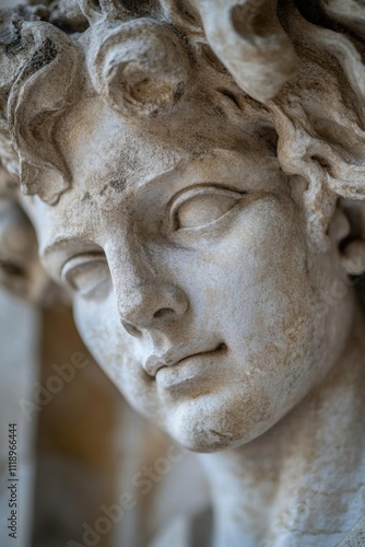 Close-up of a classical marble sculpture depicting a youthful figure.