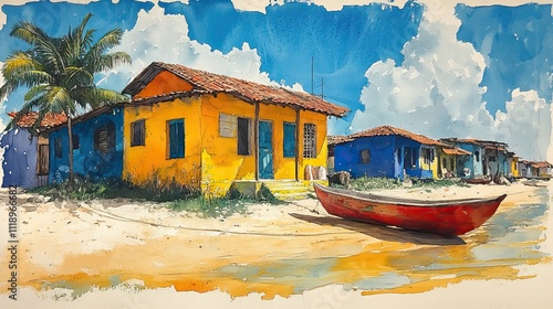 Brazilian watercolor depicting a beach house in a fishing village, with a raft in vibrant hues photo