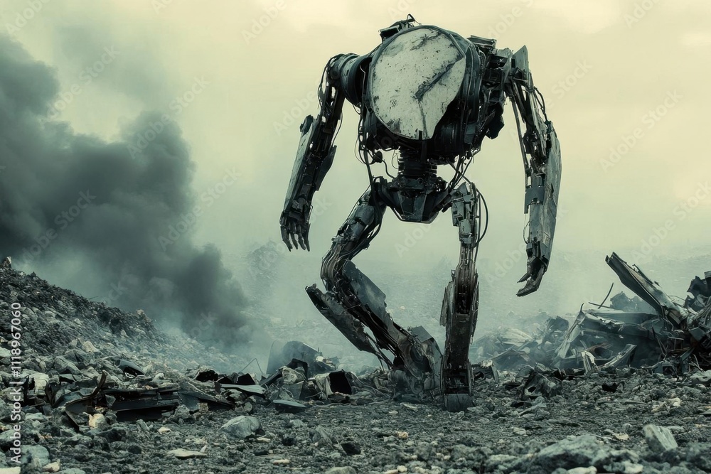 A large robotic figure stands in a desolate, smoky landscape. A large robotic figure stands in a desolate, smoky landscape.
