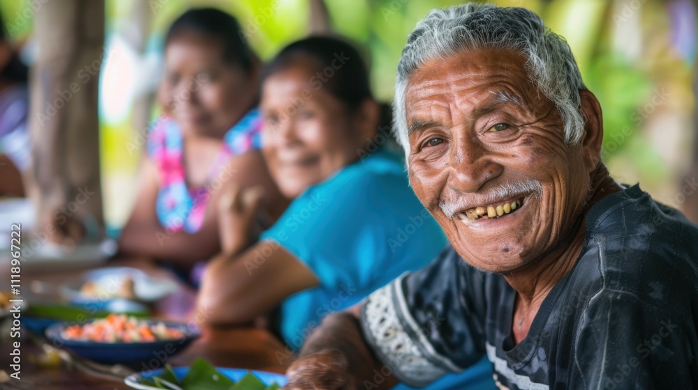 A smiling elderly man enjoying a meal with others in a vibrant setting. A smiling elderly man enjoying a meal with others in a vibrant setting.