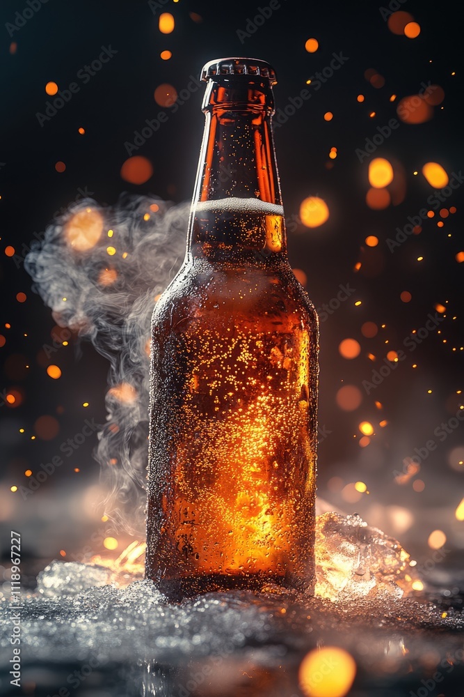 Chilled refreshment: frosty cold beer bottle surrounded by ice, smoke, creating an inviting visual of refreshing drink, perfect for cooling off, enjoying the crisp, frosty atmosphere of cold beverage. Chilled refreshment: frosty cold beer bottle surrounded by ice, smoke, creating an inviting visual of refreshing drink, perfect for cooling off, enjoying the crisp, frosty atmosphere of cold beverage.