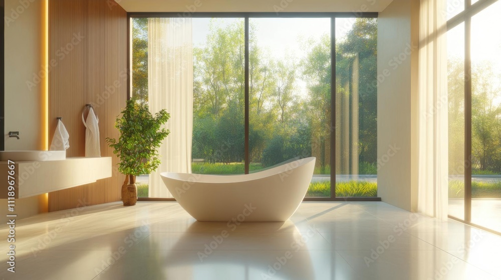 A serene bathroom with a freestanding tub and large windows overlooking nature. A serene bathroom with a freestanding tub and large windows overlooking nature.