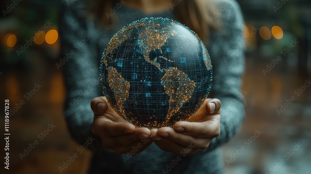 Fototapeta premium Businessman holding a digital earth with a global network and business icons, a technology concept for online connection