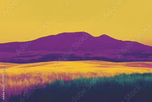 Vibrant landscape featuring a mountain with colorful fields in foreground.