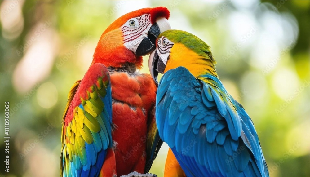 Two colorful parrots interacting in a natural setting. Two colorful parrots interacting in a natural setting.