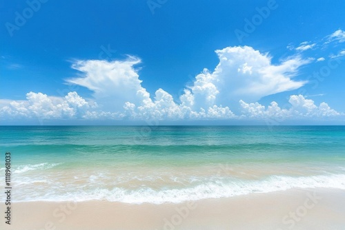 Serene beach scene with clear blue skies and gentle waves.