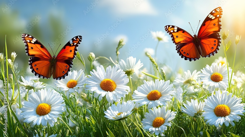 Butterflies flutter amidst daisies and grass in a sunny spring panorama Butterflies flutter amidst daisies and grass in a sunny spring panorama