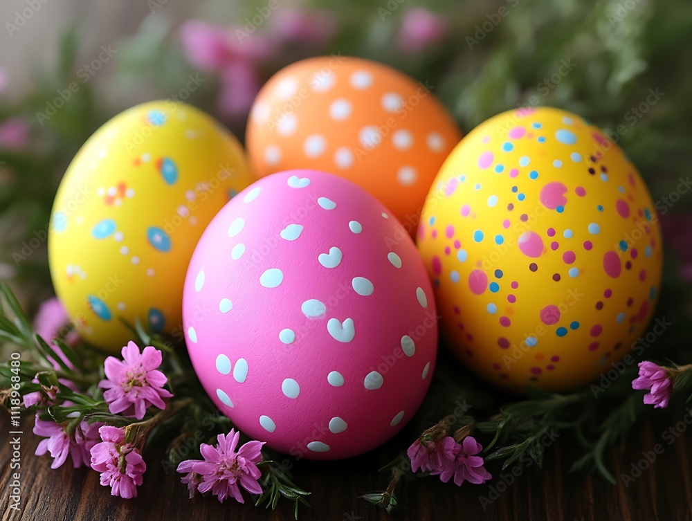 Decorated Easter Eggs Nestled Among Spring Flowers Decorated Easter Eggs Nestled Among Spring Flowers