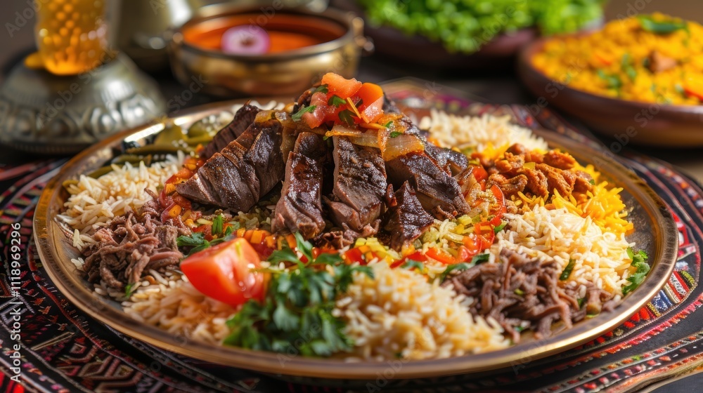 A vibrant platter of rice and meats, showcasing a rich culinary tradition. A vibrant platter of rice and meats, showcasing a rich culinary tradition.