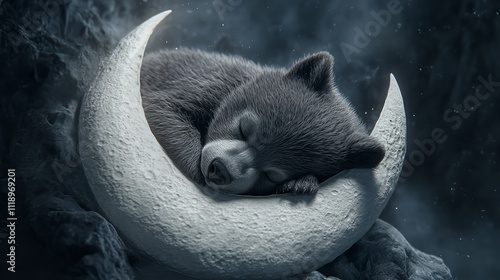  Bear cub sweetly sleeping on a crescent moon - A fairy tale concept photo