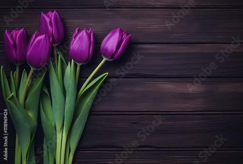 a bunch of colorful tulips on a wooden background, generative ai