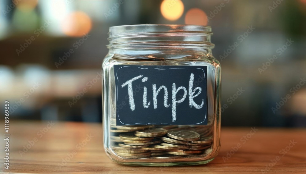 A glass jar filled with coins labeled A glass jar filled with coins labeled