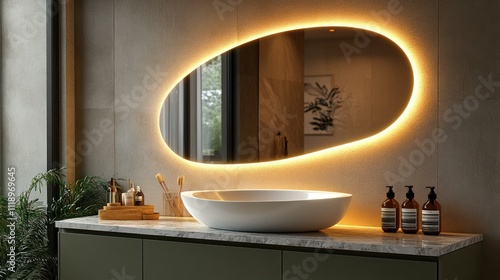 Modern oval illuminated bathroom mirror above a minimalist sink.