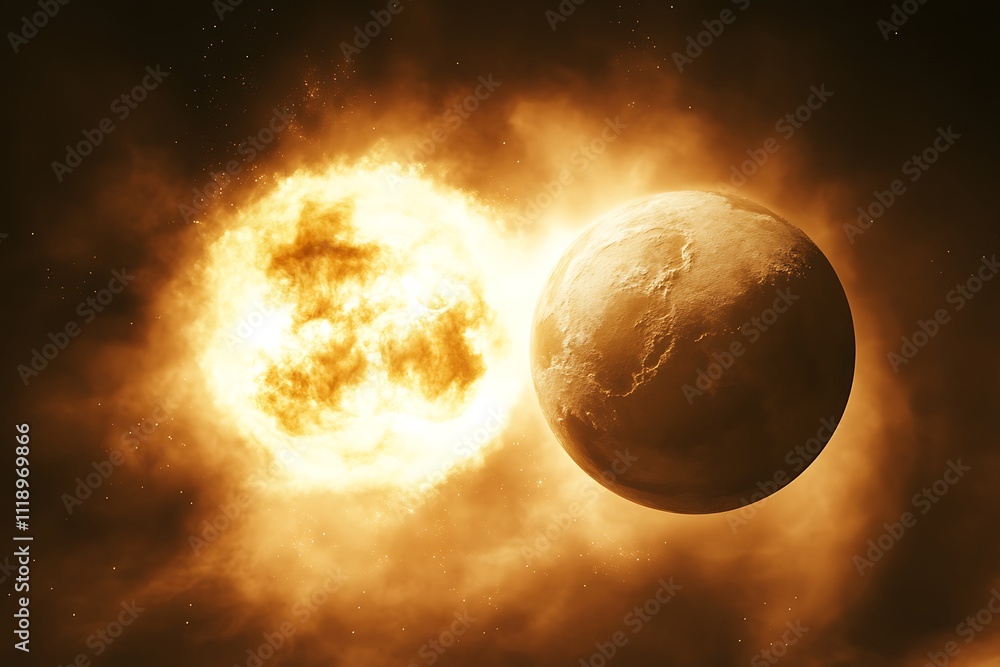 Fototapeta premium Fiery Star Engulfs Planet In Cosmic Dance