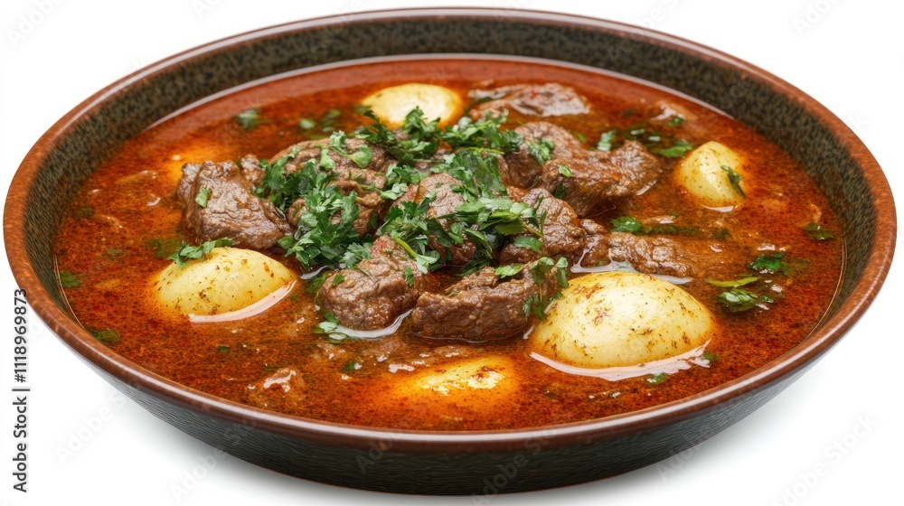 A bowl of hearty beef stew with potatoes and herbs. A bowl of hearty beef stew with potatoes and herbs.