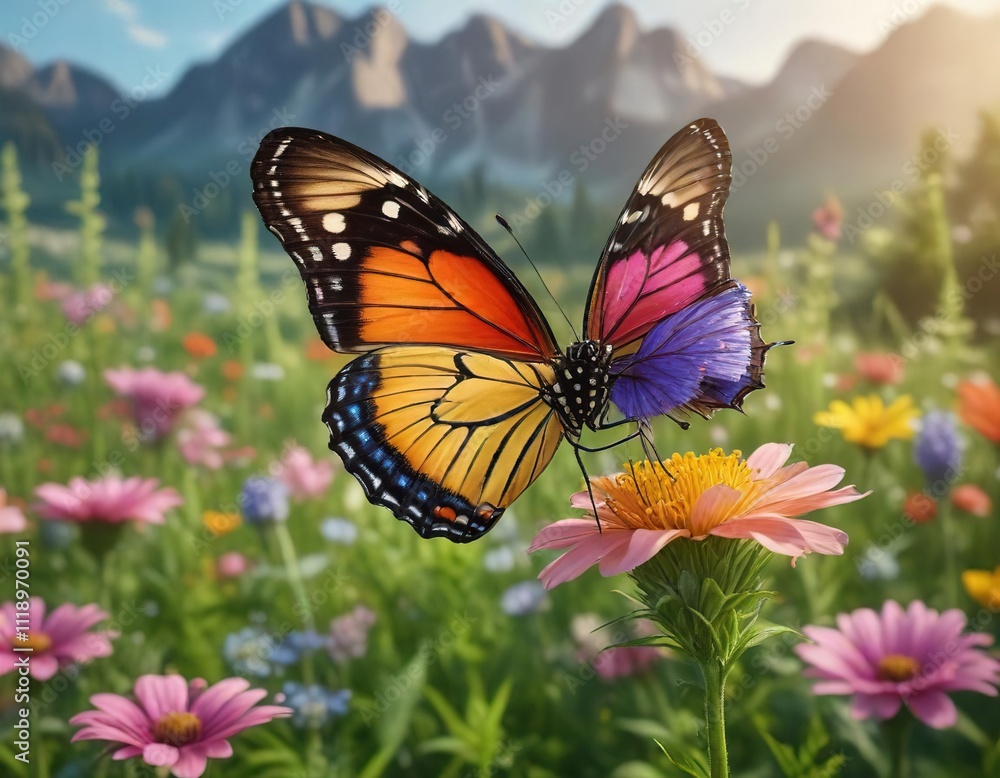Delicate butterfly perched on a colorful flower in a lush meadow, scenery, vibrant colors, nature Delicate butterfly perched on a colorful flower in a lush meadow, scenery, vibrant colors, nature