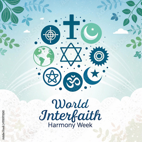 World Interfaith Harmony week Icon Design for Media Poster with different religion symbols