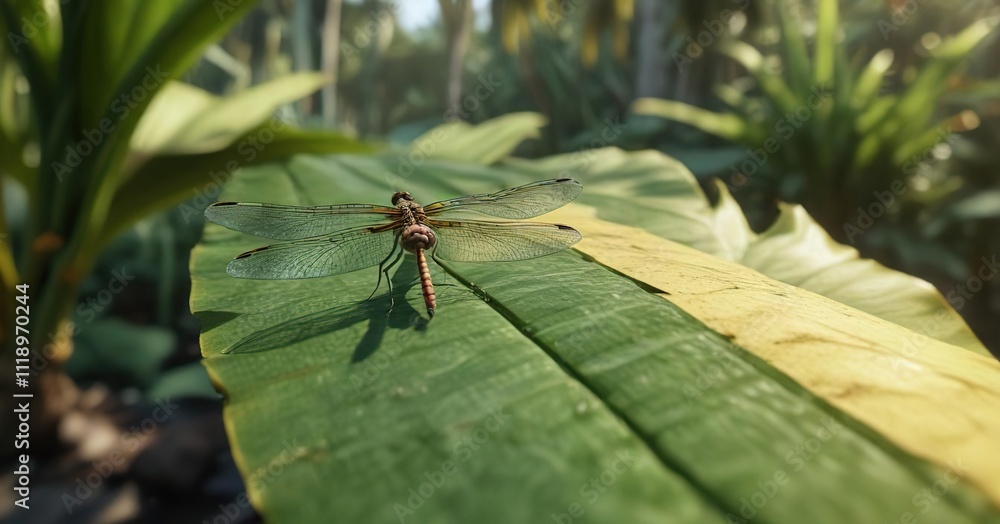 Fototapeta premium Delicate dragonfly resting on yellowed banana leaf , banana leaf, dragonfly
