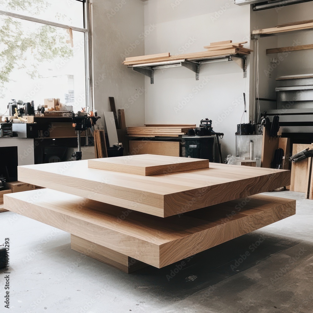 A modern wooden table in a workshop, showcasing craftsmanship and design.