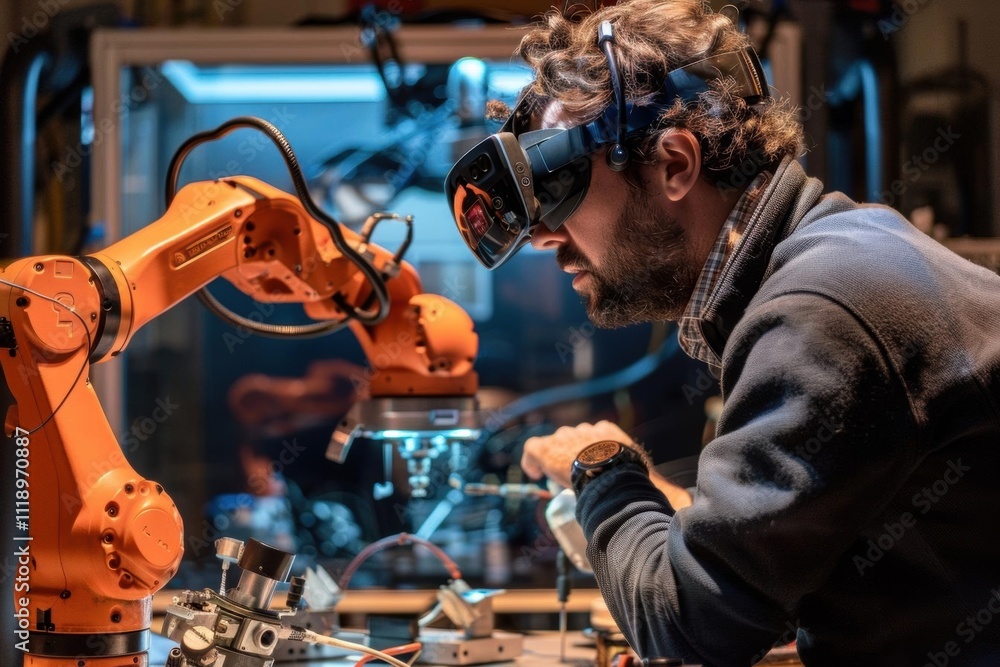 A person using VR and a robotic arm for advanced technology work. A person using VR and a robotic arm for advanced technology work.