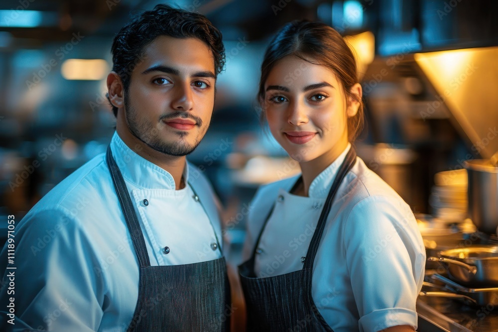 Happy young hispanic couple chefs in a cozy restaurant kitchen Happy young hispanic couple chefs in a cozy restaurant kitchen