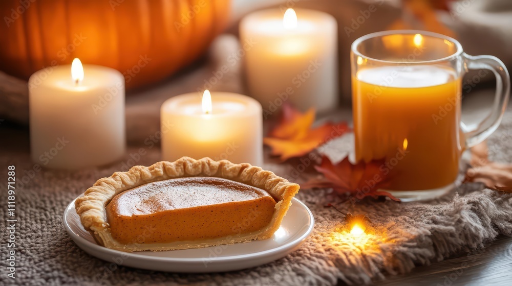 A cozy autumn scene featuring pumpkin pie, candles, and a drink. A cozy autumn scene featuring pumpkin pie, candles, and a drink.