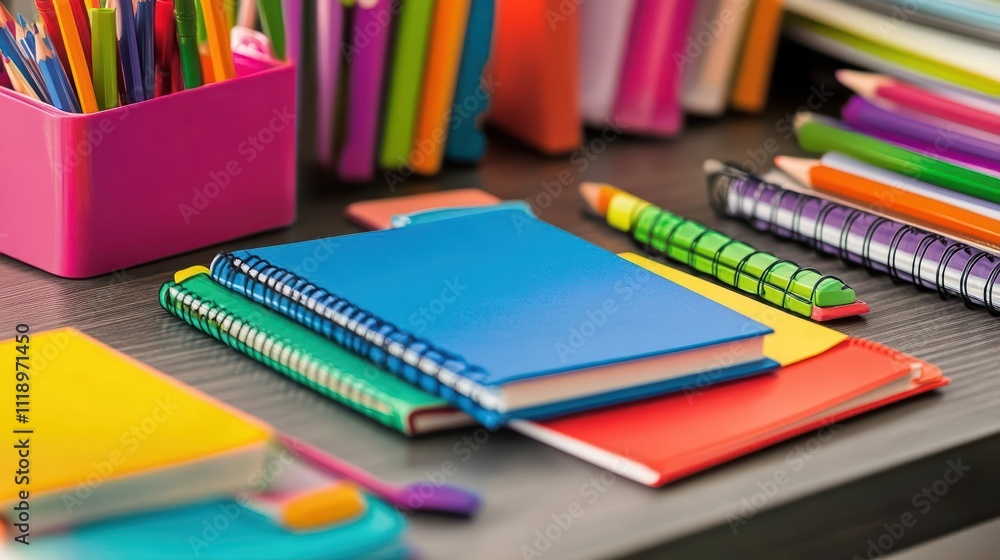 Colorful stationery and notebooks arranged on a desk for study or work. Colorful stationery and notebooks arranged on a desk for study or work.