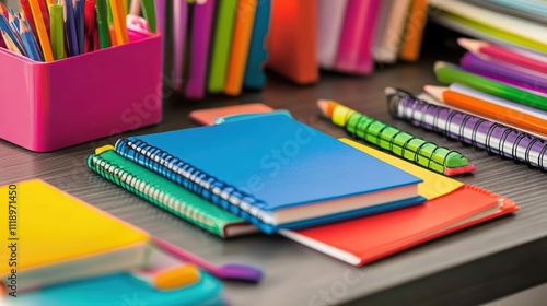 Colorful stationery and notebooks arranged on a desk for study or work.